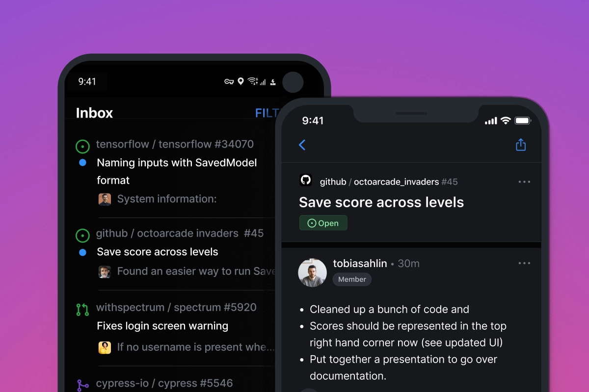 Two smartphone screens display GitHub notifications and issue details, with a purple-to-black gradient background. The left screen shows a list of notifications, including issues and pull requests from different repositories like TensorFlow and GitHub's OctoArcade Invaders. The right screen zooms in on a specific issue titled 'Save score across levels,' displaying details of the issue and a comment by user tobiasahlin.
